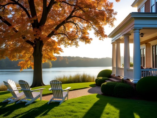 Historic Margin Street Inn gardens overlooking Pawcatuck River in Westerly Rhode Island