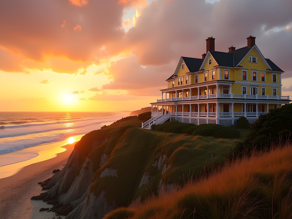 Historic Ocean House hotel exterior at sunset in Watch Hill, Westerly Rhode Island