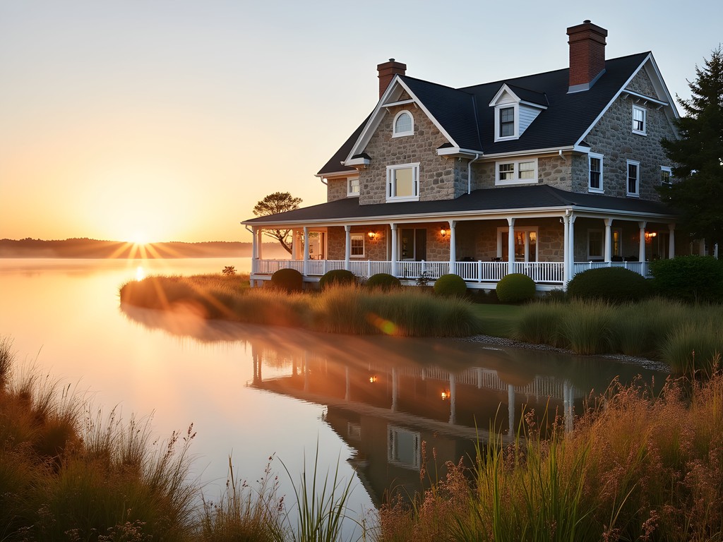 Weekapaug Inn with misty sunrise over Quonochontaug Pond, Westerly Rhode Island