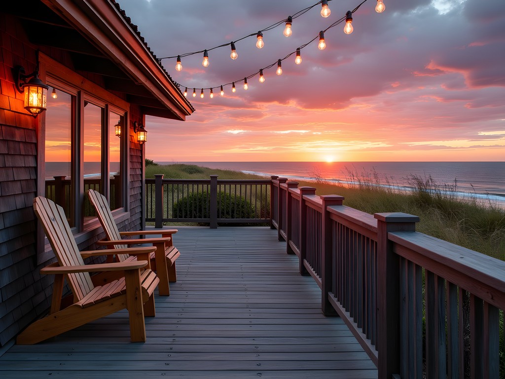 Private deck of Winnapaug Cottages with sunset ocean view, Westerly Rhode Island