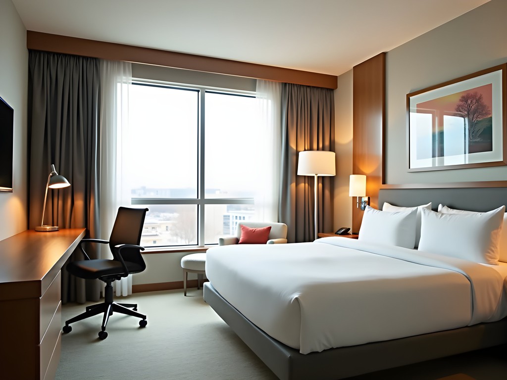 Contemporary guest room at Ambassador Hotel Wichita with standing desk and modern amenities