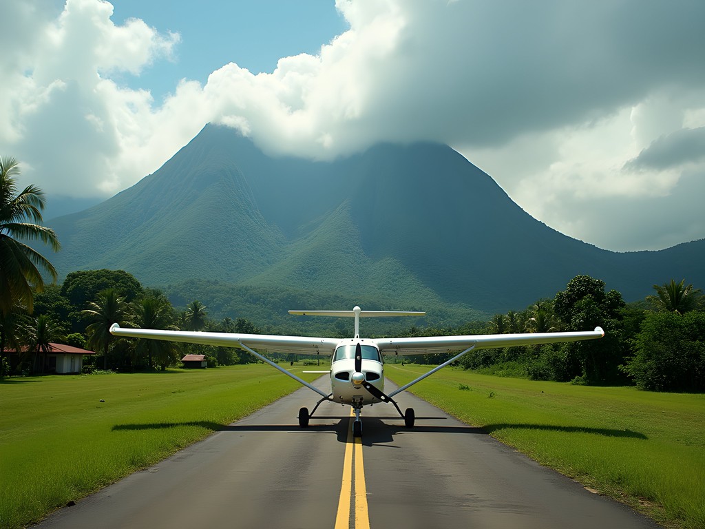 Small aircraft landing at Canaima airstrip with tepuis in background