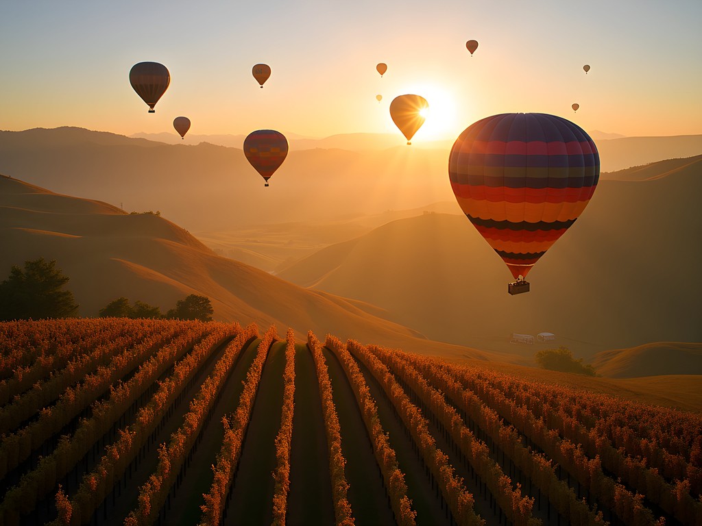 Hot air balloons floating over Barossa Valley vineyards at sunrise, South Australia