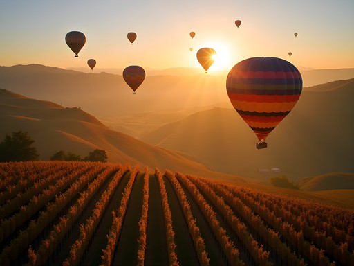 Hot air balloons floating over Barossa Valley vineyards at sunrise, South Australia