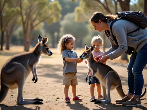 Family feeding kangaroos at Cleland Wildlife Park near Adelaide, South Australia