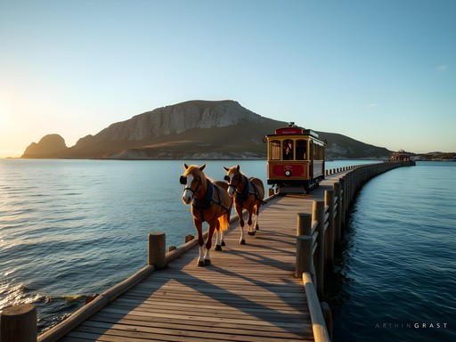Historic horse-drawn tram crossing the wooden causeway to Granite Island, Victor Harbor, South Australia