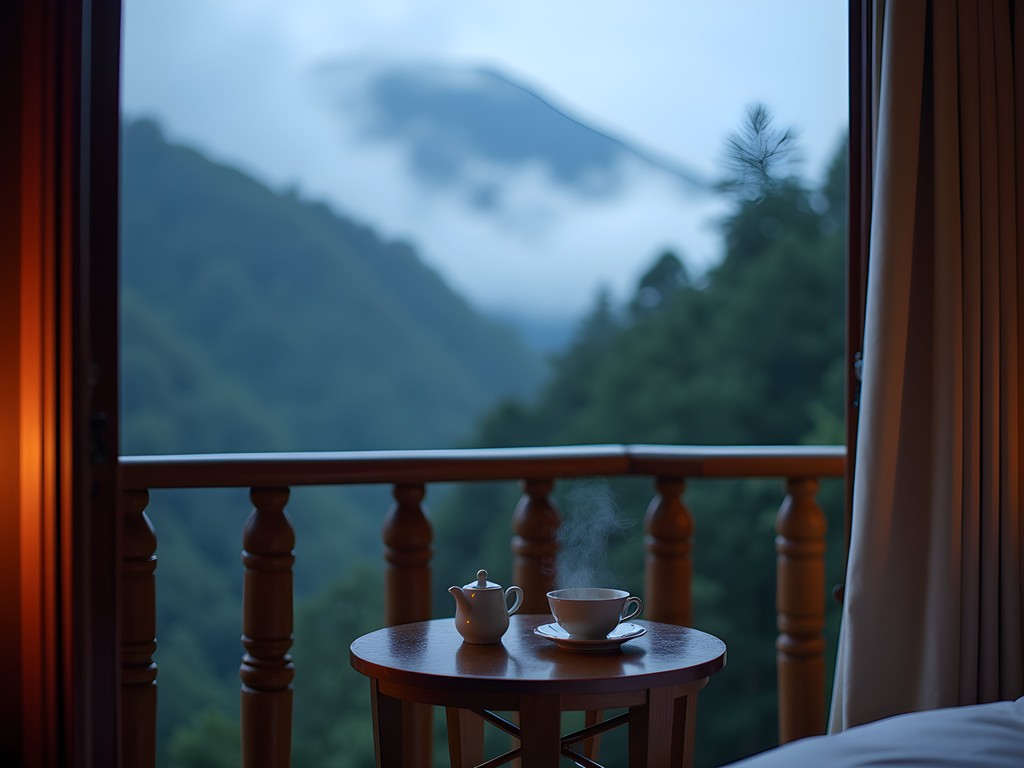 Hotel balcony view overlooking misty Alishan forest at dusk
