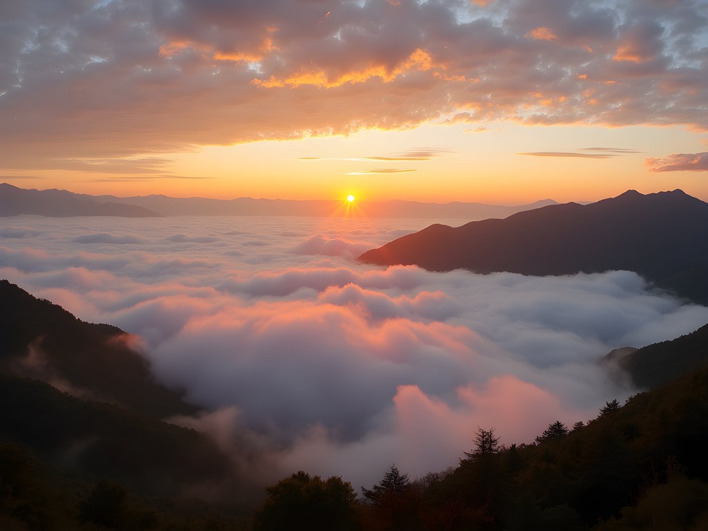 Panoramic view of Alishan's sea of clouds at sunrise with mountain peaks emerging