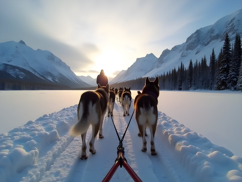 Dog sledding team racing across pristine snow with mountains in background near Anchorage