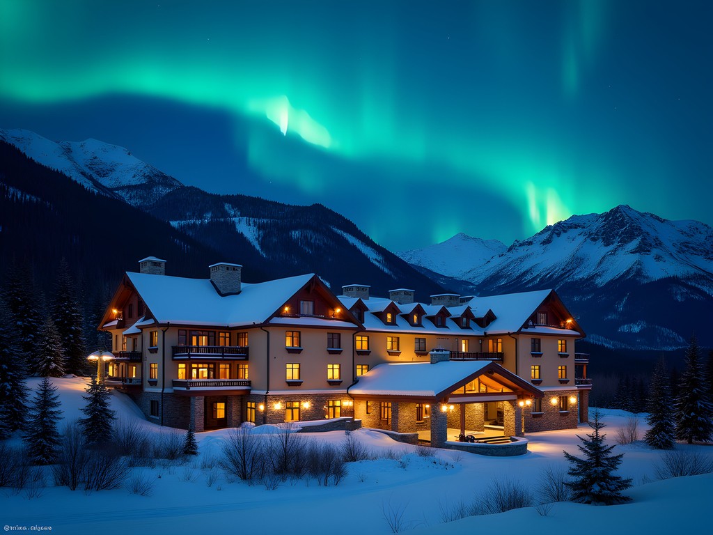 Hotel Alyeska illuminated at night with northern lights overhead and snow-covered mountains in background