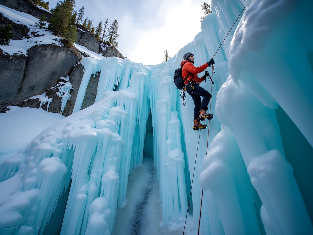 Ice climber ascending frozen waterfall in Eklutna Canyon near Anchorage, Alaska