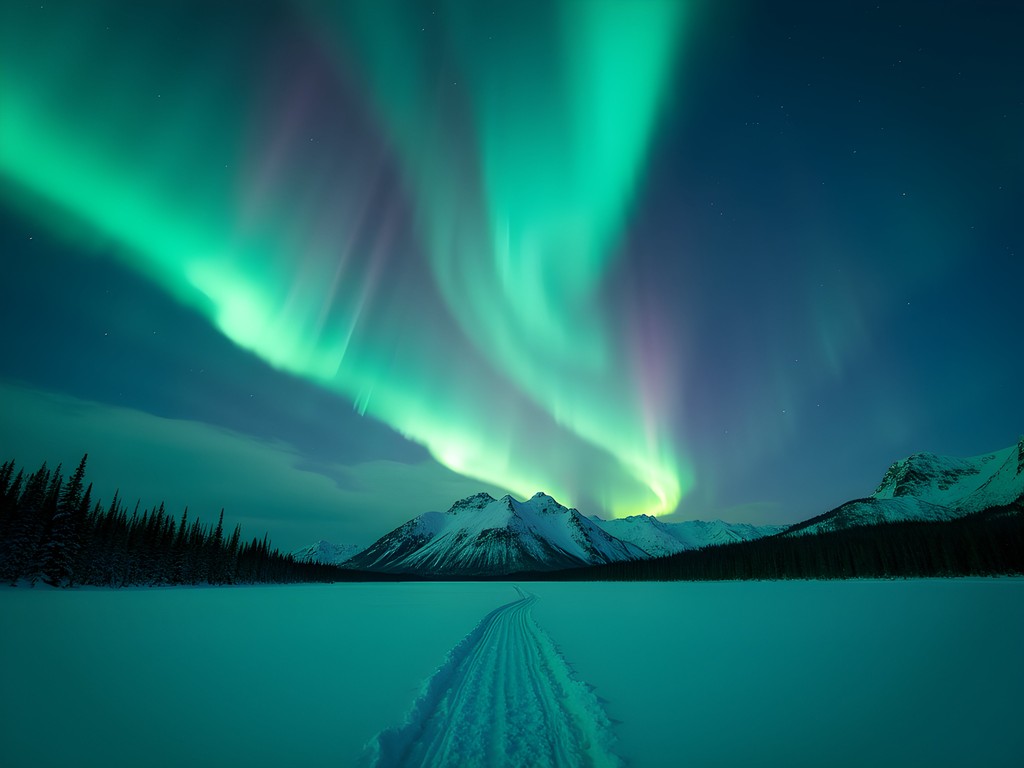 Spectacular Northern Lights display over snowy Alaskan mountains near Anchorage
