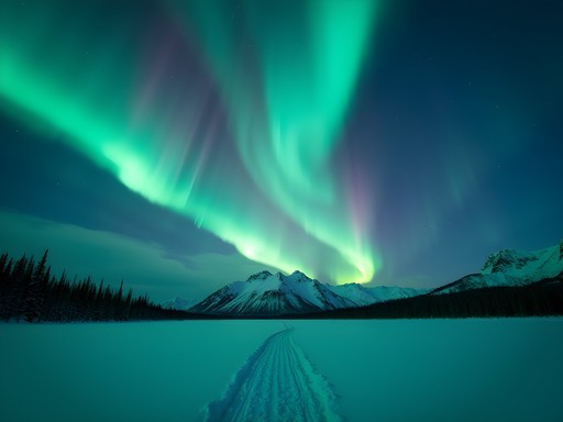 Spectacular Northern Lights display over snowy Alaskan mountains near Anchorage