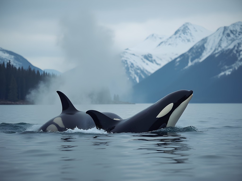 Orcas surfacing in steaming waters of Resurrection Bay with snow-covered mountains in background