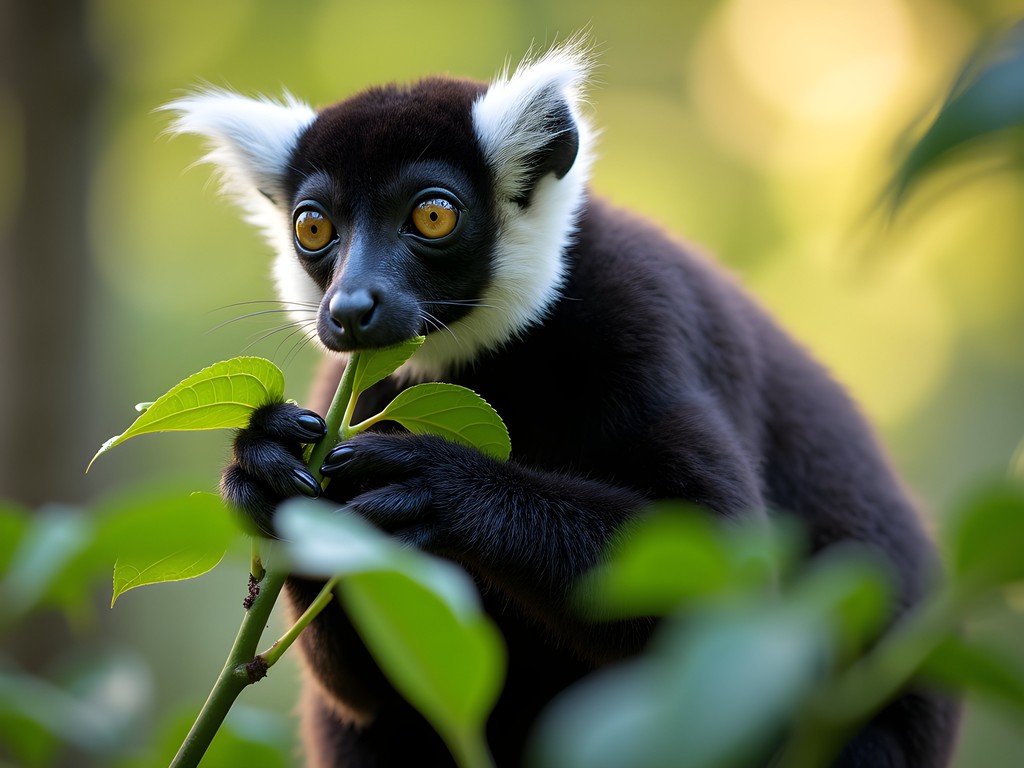 Indri lemur feeding on leaves in Andasibe National Park