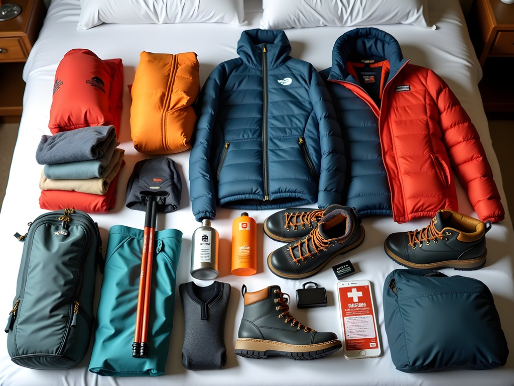 Essential gear laid out for Annapurna Circuit trek including layers and equipment