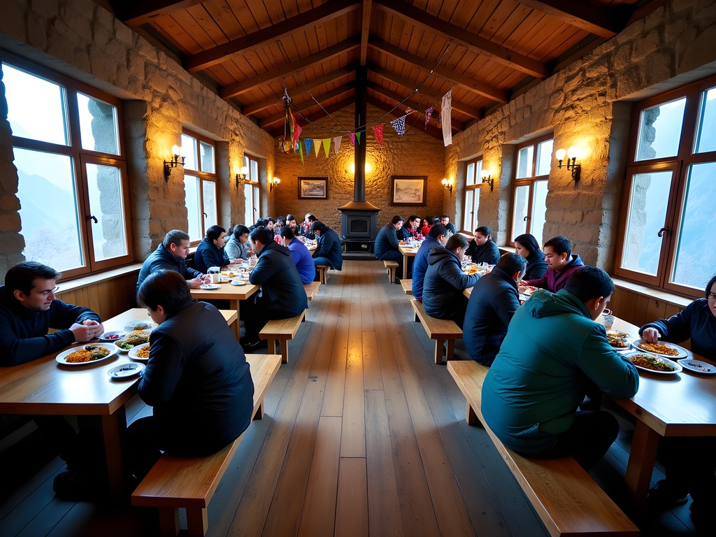 Traditional teahouse dining room with trekkers sharing meals on Annapurna Circuit