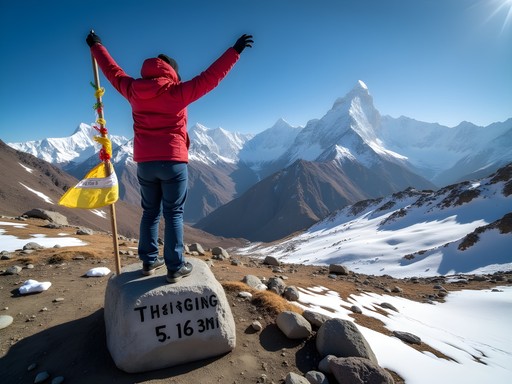 Trekker celebrating at Thorong La Pass summit on Annapurna Circuit
