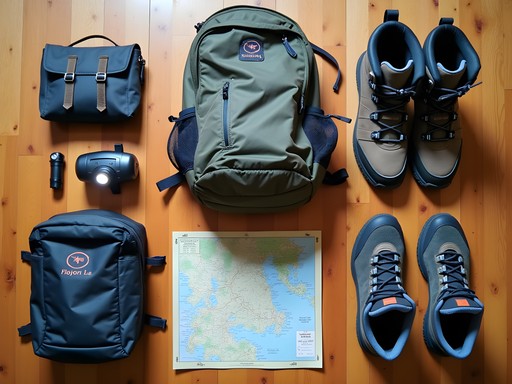 Outdoor adventure gear laid out including hiking boots, backpack, water bottles, and map