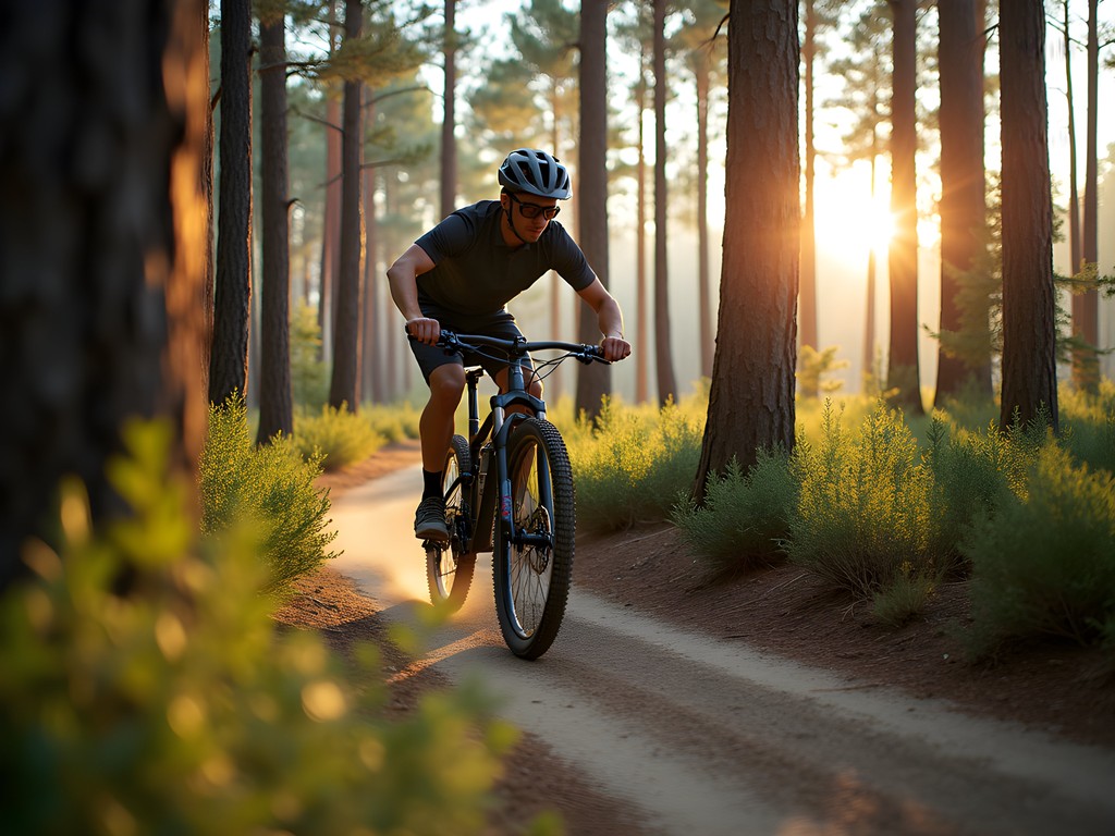 Mountain biker riding through longleaf pine forest on sandy trail in Alabama