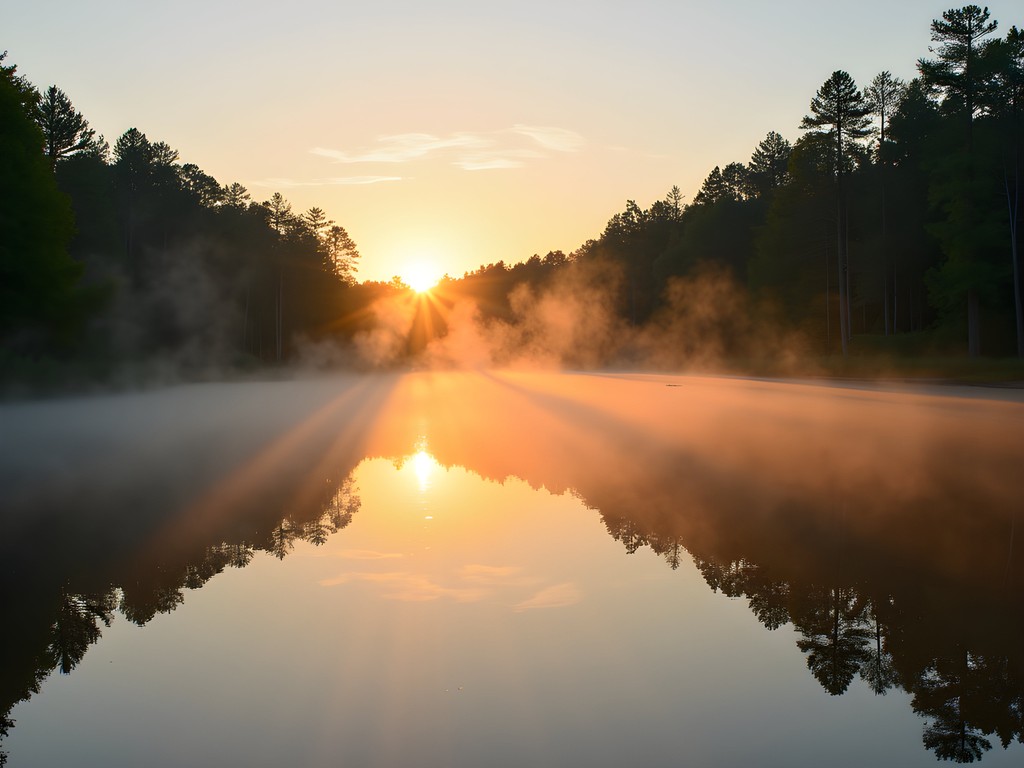 Chewacla State Park lake at sunrise with mist rising over calm water and pine trees