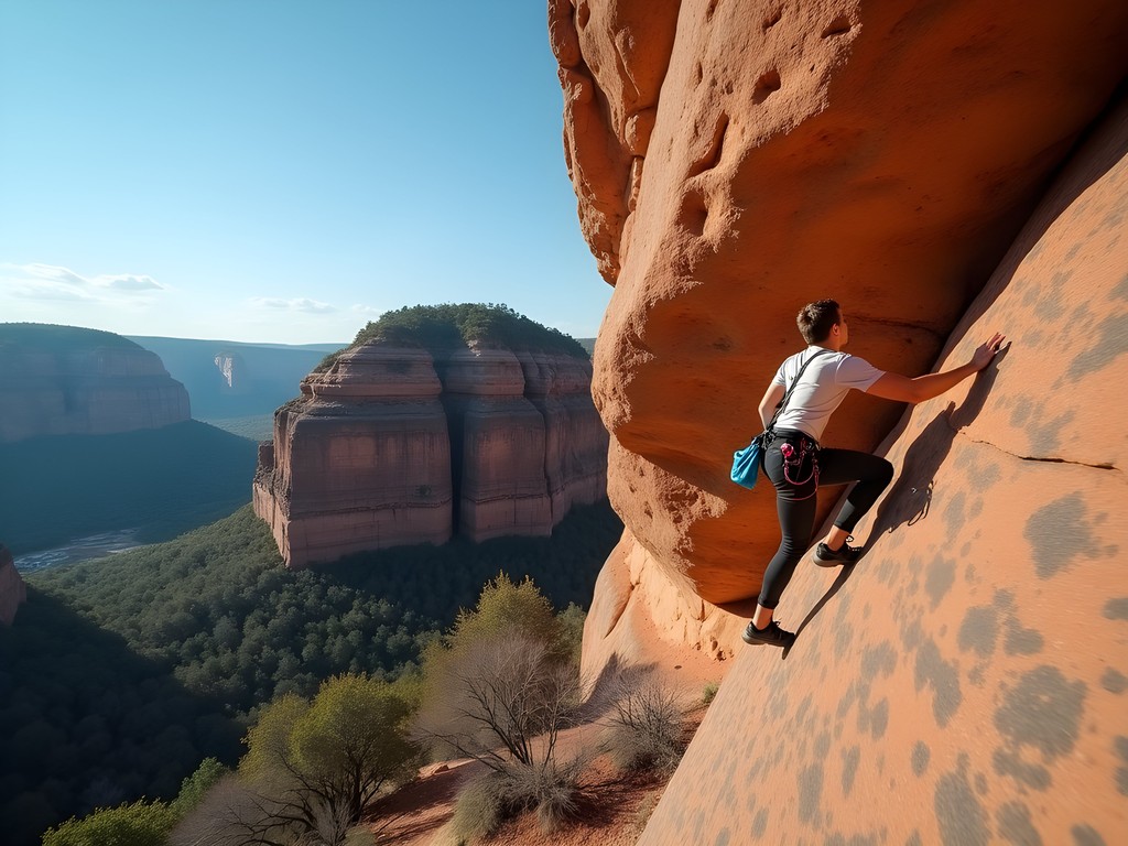 Rock climber bouldering on sandstone formation at Horse Pens 40 Alabama