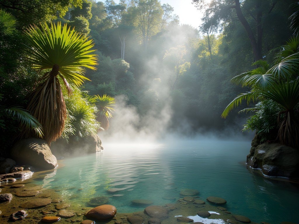 Natural hot springs at Kaitoke surrounded by native nikau palms on Great Barrier Island