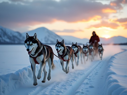 Dog sledding adventure across snowy tundra near Barrow Alaska