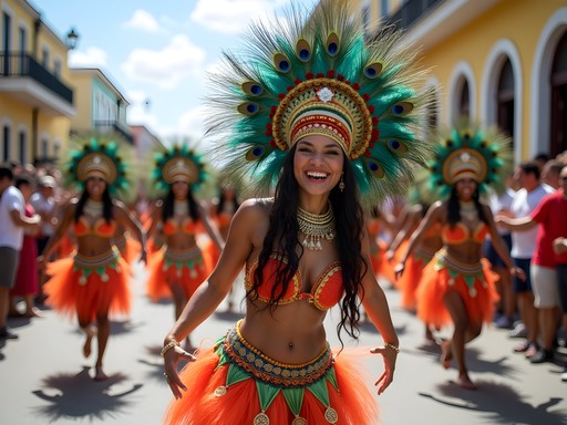 Colorful Gombey dancers performing traditional dance in Bermuda