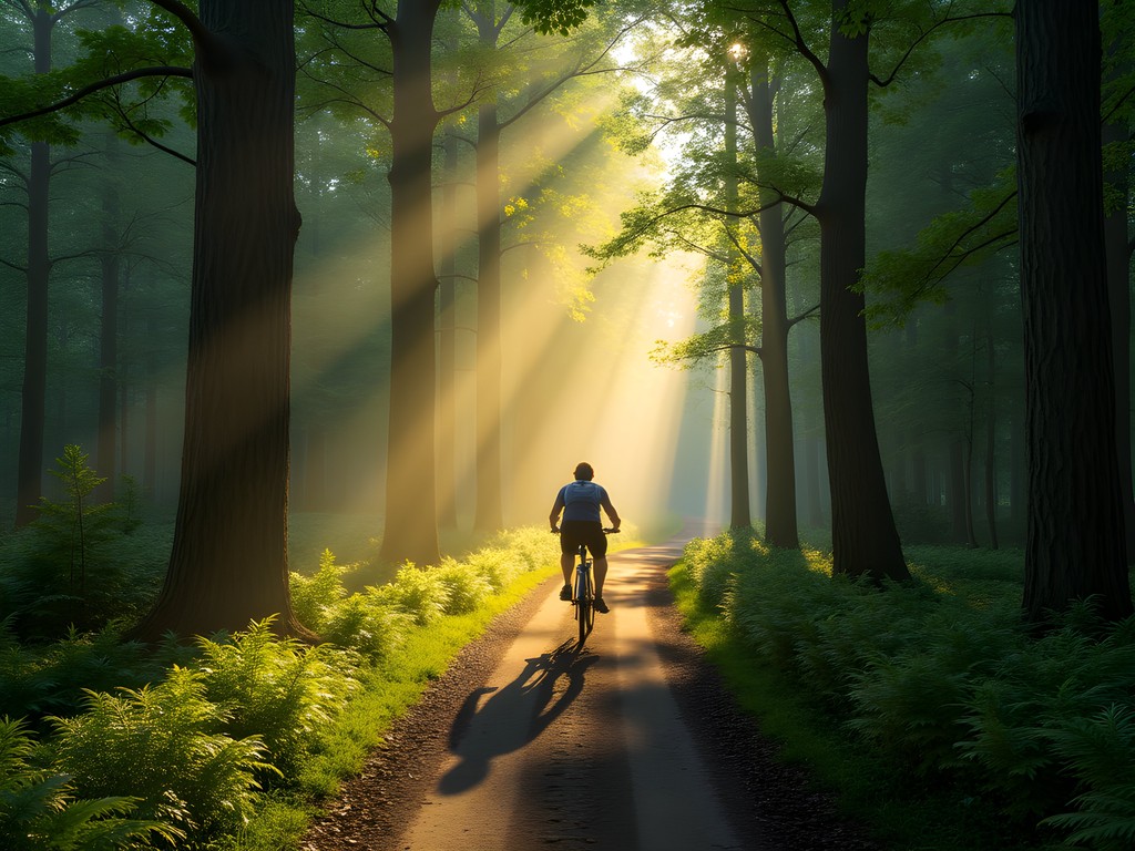 Cyclist on forest path through Almindingen with dappled sunlight filtering through beech trees