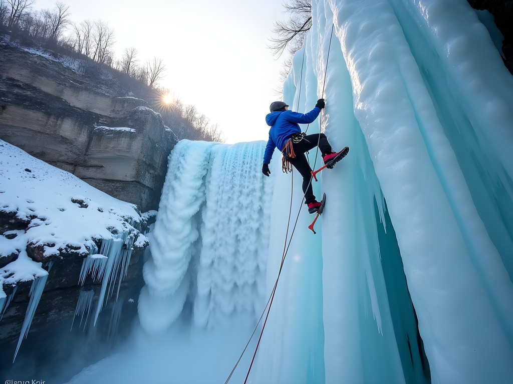 Ice climber scaling frozen waterfall in Niagara Gorge near Buffalo