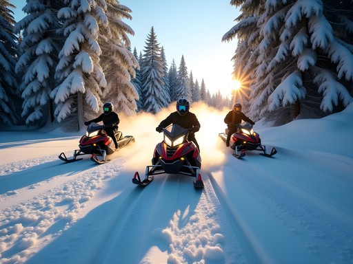 Snowmobilers traversing snow-covered trails outside Buffalo, NY