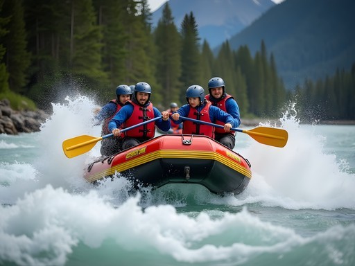Whitewater rafting action on Kananaskis River with mountains in background