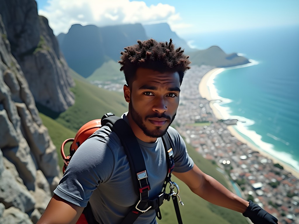 Adventure traveler abseiling down the sheer face of Table Mountain with Cape Town and ocean views below