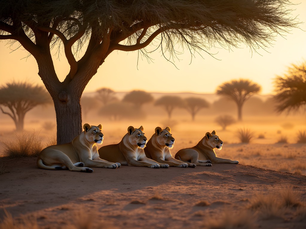 Pride of desert-adapted lions resting under acacia tree in Kalahari