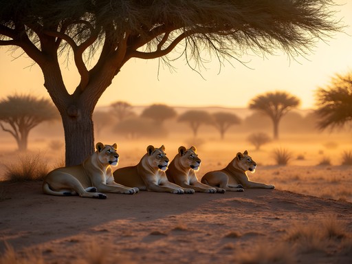 Pride of desert-adapted lions resting under acacia tree in Kalahari