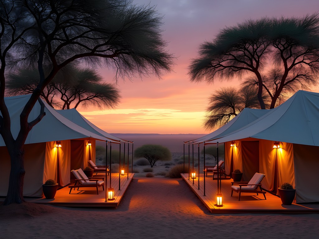Luxury safari camp in Central Kalahari with canvas tents at sunset