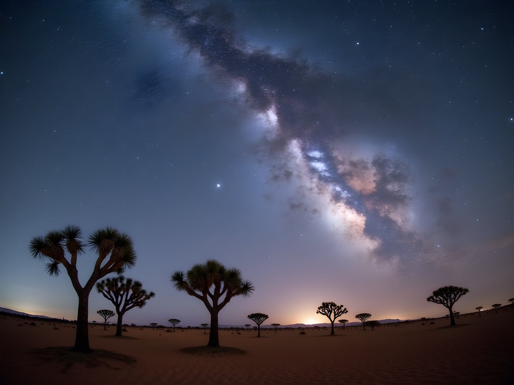 Spectacular Milky Way over Kalahari Desert campsite with silhouettes of acacia trees