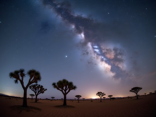Spectacular Milky Way over Kalahari Desert campsite with silhouettes of acacia trees