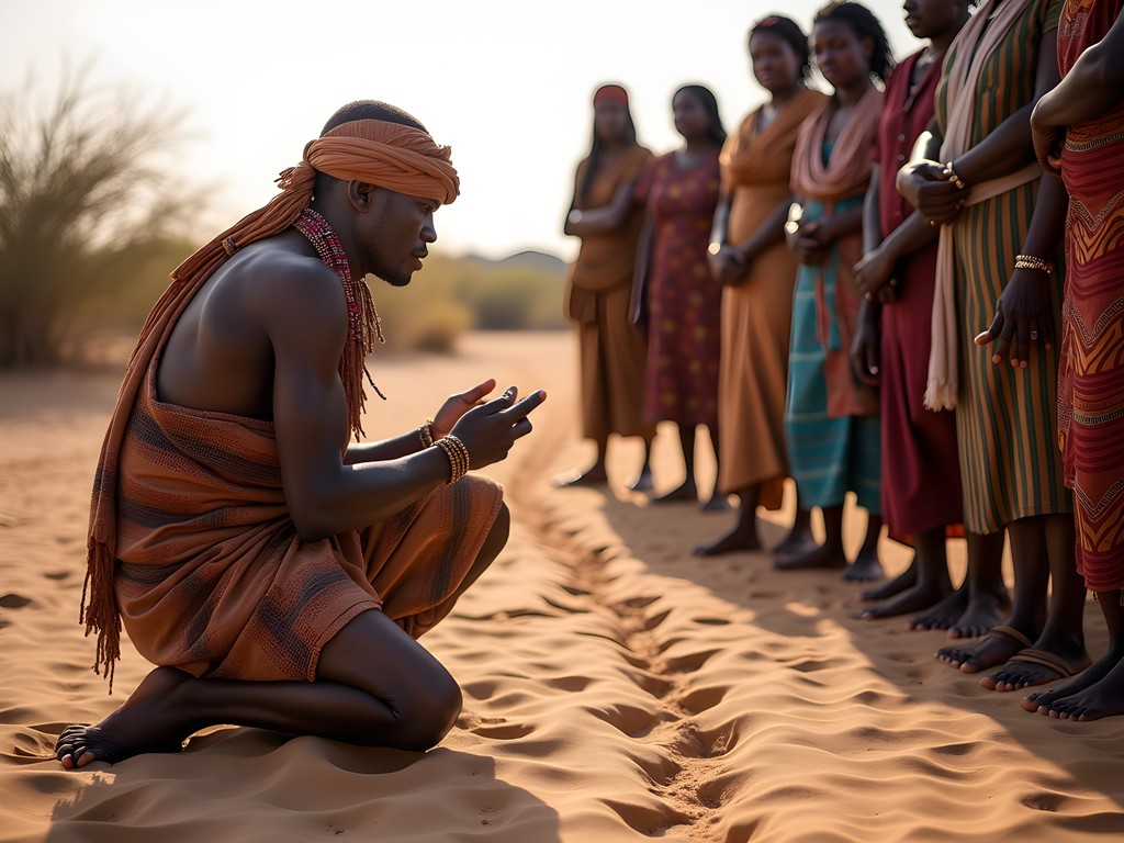 San elder demonstrating traditional tracking skills in Kalahari sand