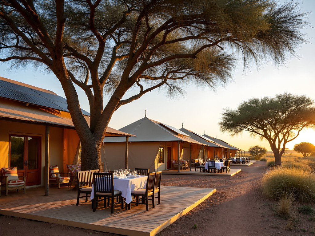Eco-friendly luxury safari camp in Kalahari with solar panels and canvas tents
