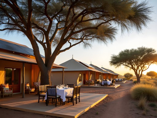 Eco-friendly luxury safari camp in Kalahari with solar panels and canvas tents