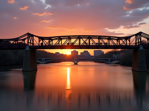 Walnut Street pedestrian bridge at sunset over Tennessee River in Chattanooga