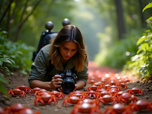 Travel blogger photographing red crab migration on Christmas Island