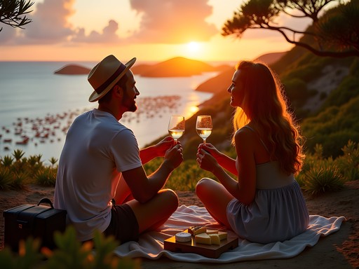 Couple enjoying wine and cheese while watching red crab migration at sunset on Christmas Island