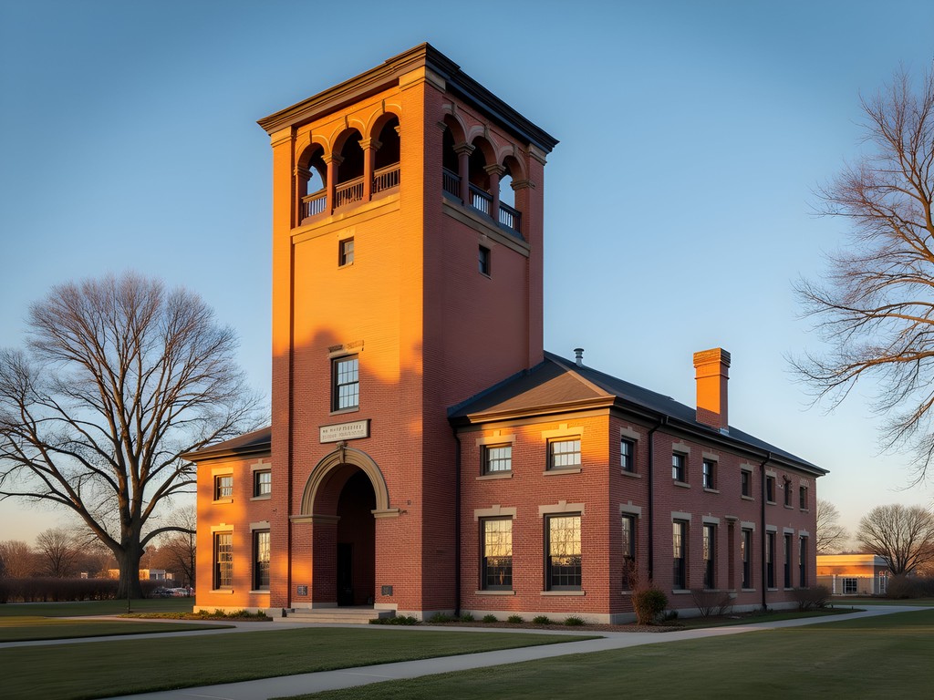 Historic Hawthorne Works Tower in Cicero, Illinois with morning light