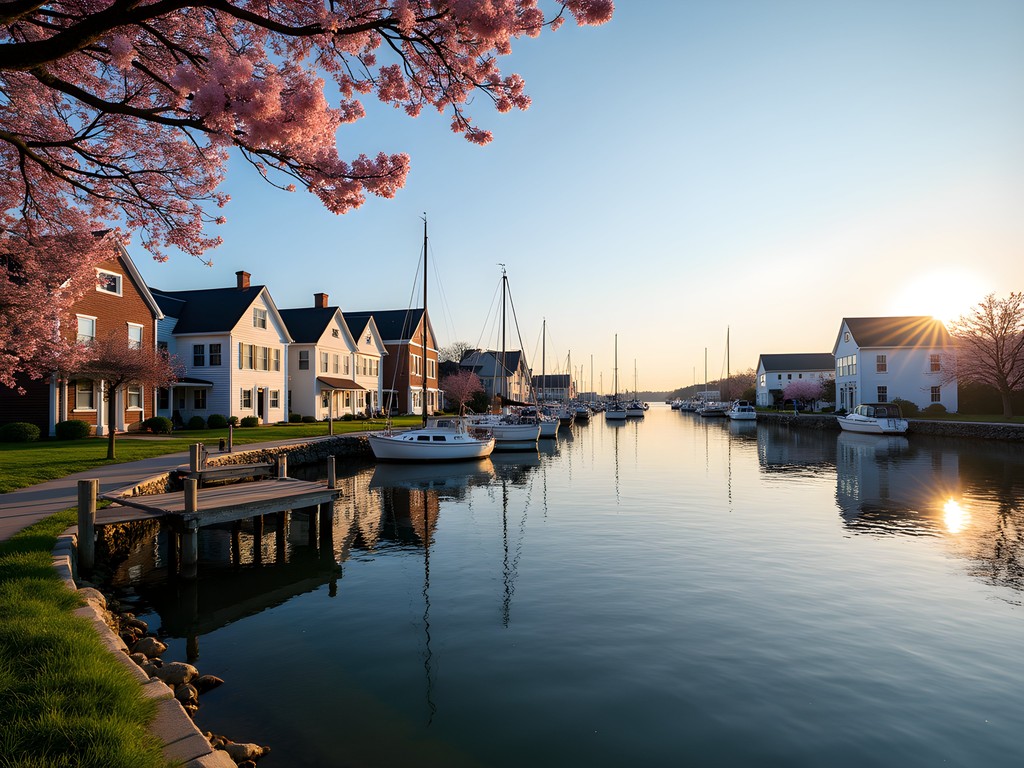 Early morning sunrise over historic Pawtuxet Village harbor in Cranston