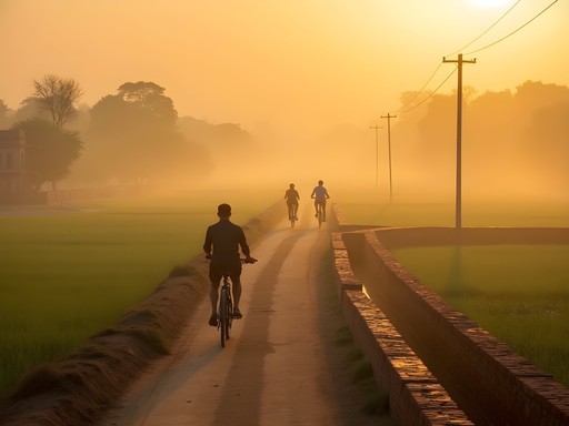 Cyclists on ancient Mughal pathway between Delhi and Agra passing rural villages