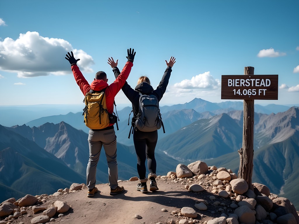 Couple celebrating at the summit of Mount Bierstadt with panoramic Rocky Mountain views