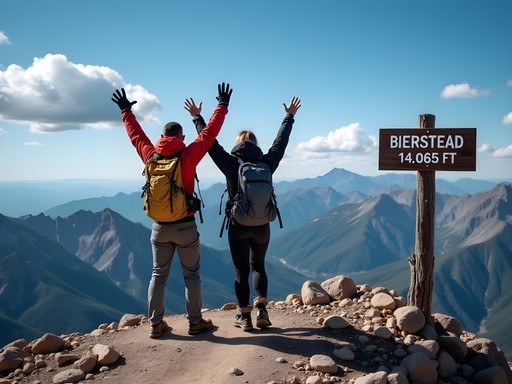 Couple celebrating at the summit of Mount Bierstadt with panoramic Rocky Mountain views